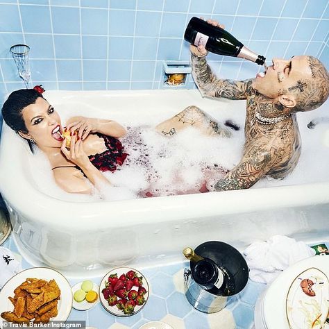 Kourtney Kardashian And Travis Barker, Kourtney Kardashian And Travis, Chicken Brands, Kristen Bell Tattoos, Public Display Of Affection, Ellen Von Unwerth, Scott Disick, Travis Barker, Newly Married Couple