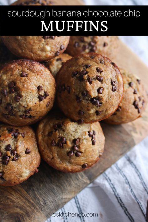 Sourdough Discard Banana Chocolate Chip Muffins, Sourdough Starter Banana Muffins, Sourdough Discard Banana Muffin Recipes, Chocolate Chip Muffins Sourdough, Sourdough Chocolate Chip Banana Bread, Protein Sourdough Muffins, Sourdough Banana Muffins Recipe, Sourdough Banana Chocolate Chip Muffins, Easy Sourdough Muffins