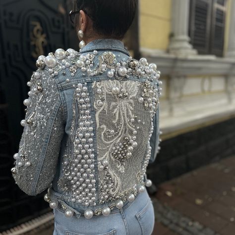 Pearl jacket | Demode Couture Jean And Diamond Outfit, Diy Pearl Jean Jacket, Beaded Jean Jacket, Diy Sequin Jacket, Denim Jacket With Pearls, Embellished Denim Jacket Diy, Denim Jacket Pearls Diy, Denim And Bling Outfits, Pearl Jean Jacket