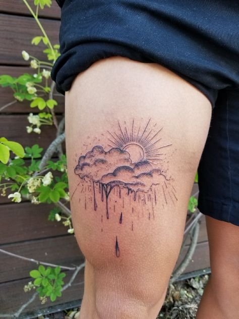 Leg Cloud Tattoo, Stormy Night Tattoo, Rain And Shine Tattoo, Thunder Clouds Tattoo, Clouds And Sky Tattoo, Storm Back Tattoo, Rain Storm Tattoo Ideas, Rainstorm Tattoos, Rain Tattoo Sleeve