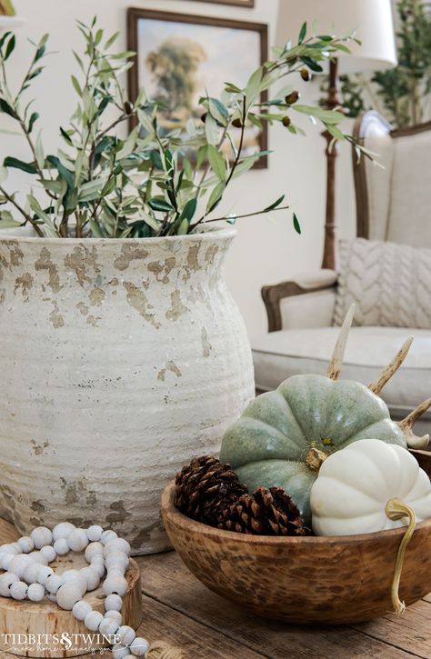 Green And White Fall Decor, Green Autumn Decor, Green Fall Decor, Stem Arrangements, White Entry Table, Neutral Family Room, Autumn Living Room, Pottery Barn Living Room, Navy Living Rooms