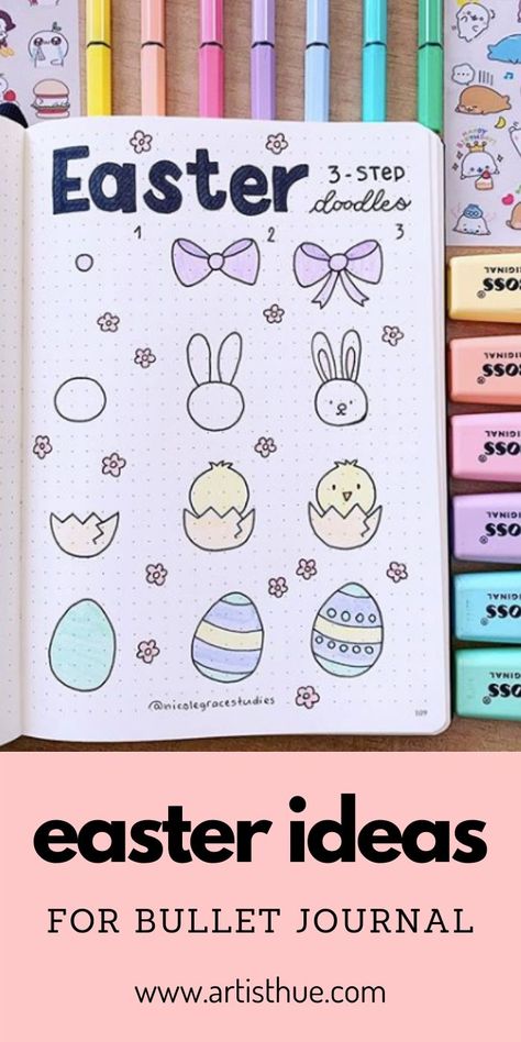 Are you excited to design your Bullet Journal for easter? Everything from a monthly easter spread to a mood tracker. #easterideas #howtoeaster #bulletjournal #easterideas Easter Journaling Ideas, Easter Journal, Easter Bujo Theme, Easter Doodles, Easter Bullet Journal, Spring Bullet Journal Theme, Bullet Journal Themes April, Bullet Journal Abril, April Bullet Journal Cover