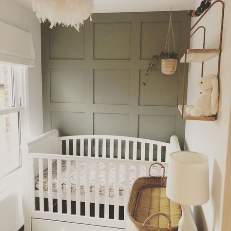 Small Nursery Ideas Green, Small Nursery Feature Wall, Small Green Nursery, Green Panel Nursery, Small Panelled Bedroom, Panelled Walls Bedroom Green, Panelled Wall Nursery, Panelled Walls Nursery, Green And Cream Nursery