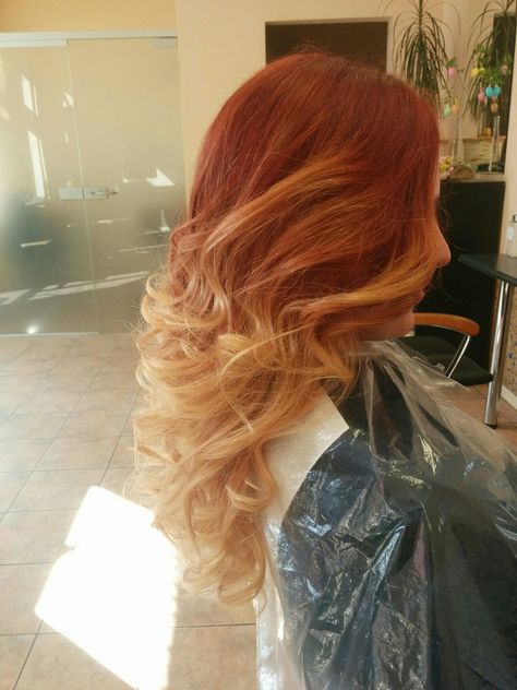 Red Hair With Blonde Balayage, Red To Blonde Ombre Hair, Red Blonde Ombre Hair, Red To Blonde Hair Before And After, Red Roots Blonde Hair, Blonde Hair With Red Tips, Curly Hair Dos, Stylish Hair Colors, Blonde Hair With Roots