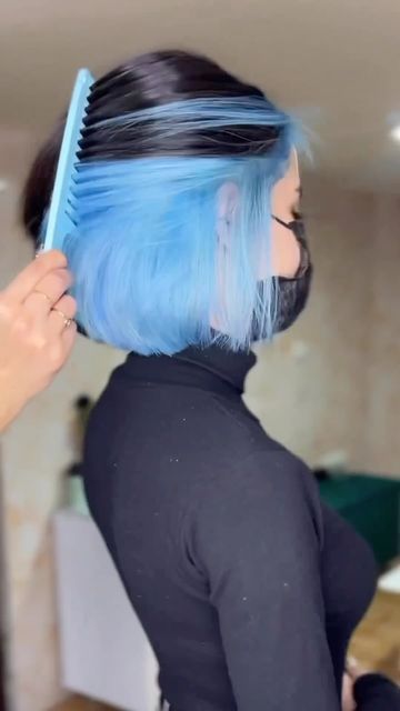 Blue Peekaboo Hair Short, Half Blue Hair Half Black, Short Hair With Blue Underneath, Blue Under Black Hair, Light Blue Peekaboo Hair, Blue And Black Short Hair, Black With Blue Underneath Hair, Light Blue And Black Hair, Blue And Black Hair Short