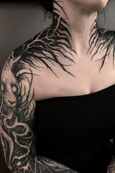 Parasyte Tattoos, Neotribal Neck Tattoo, Back Tattoos For Guys Spine, Chest Neck Tattoo, Full Neck Tattoos, Fierce Tattoo, Shoulder Cap Tattoo, Organic Tattoo, Wicked Tattoos