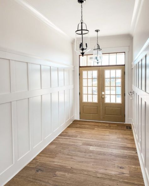 Wainscoting in the Entryway | Start at Home Decor Foyer Wainscoting Entryway Modern, Vintage Flooring, Entry Makeover, Wainscoting Ideas, Diy Wood Wall, At Home Decor, Diy Wainscoting, Finish Work, Entryway Inspiration