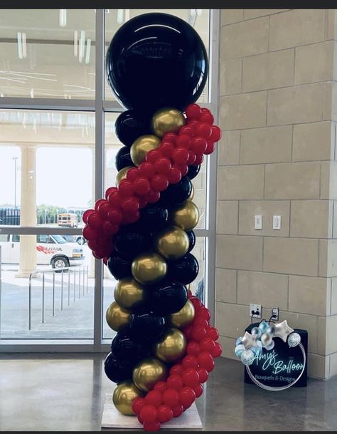 Balloon Column Designs, Prom Balloon Garland, Sneaker Ball Balloon Arch, Science Balloon Arch, Balloon Column Ideas, Black Balloon Columns, Red Black Gold Balloon Garland, Balloon Tower Ideas, Balloon Column Topper Ideas