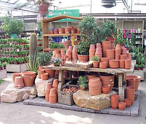 A display of terra cotta pottery at Bachman's Garden Center in Minneapolis, Minnesota. Photo courtesy of Bachman's Garden Center. Garden Center Displays Retail Ideas, Variegated Hosta, Garden Center Displays, Photo Garden, Terra Cotta Pottery, Pottery Display, Terracotta Pottery, Greenhouse Plans, Garden Nursery