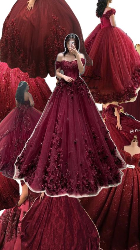 Dreammmmm dresssss in the middle! Marron Quince Dress, Maroon Quince Dresses, Wine Red Quinceanera Dresses, Maroon Quince, Dark Red Quinceanera Dresses, Gold Sweet 16 Dresses, Red Quinceanera Theme, Red Quince Theme, Debut Dresses