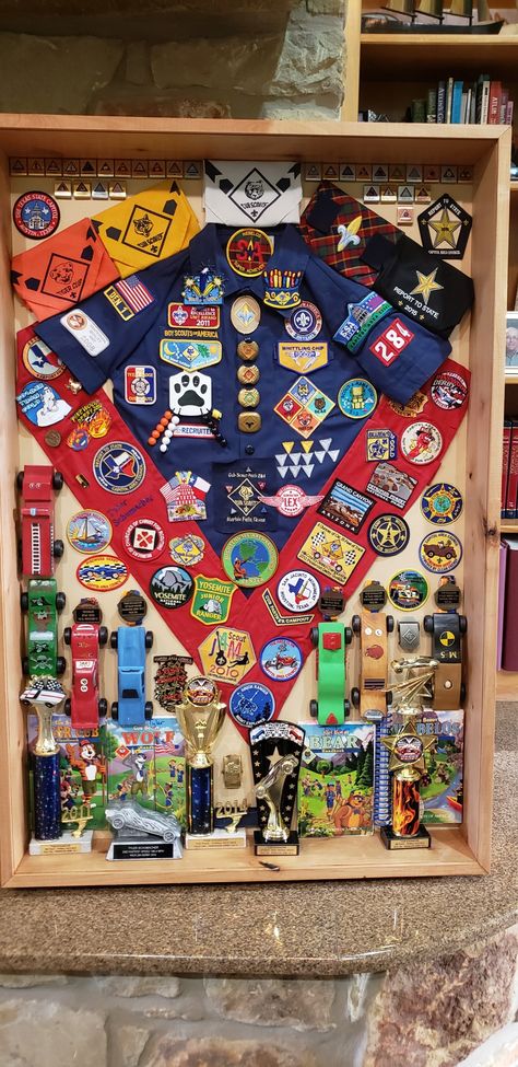 Arrow Of Light Shadow Box Ideas, Scout Badge Display, Scout Patch Display, Cub Scout Shadow Box Ideas, Eagle Scout Shadow Box Ideas, Cub Scout Belt Loop Display, Trail Life Usa, Cub Scout Den Flags, Cub Scout Crossover