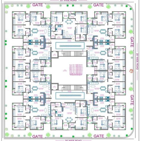 Asia House Design, Residential Building Plan Layout, Residential Building Floor Plan, Small Apartment Building Plans, Building Designing, Commercial Building Plans, Residential Building Plan, Hotel Room Design Plan, Social Housing Architecture