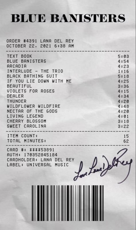 Lana Del Rey Receipt, Blue Banisters Poster, Blue Banisters Wallpaper, Lana Del Rey Album Receipt, Lana Del Rey Blue Poster, Lana Del Rey 2024 Flag, Blue Banisters, Blue Bannister Lana Del Rey, Blue Banisters Aesthetic