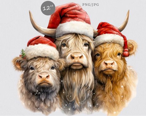 Christmas Highland Cow, Scottish Cow, Cow Clipart, Cow Png, Cow Art, Digital Print Fabric, Christmas Clipart, Christmas Watercolor, Highland Cow