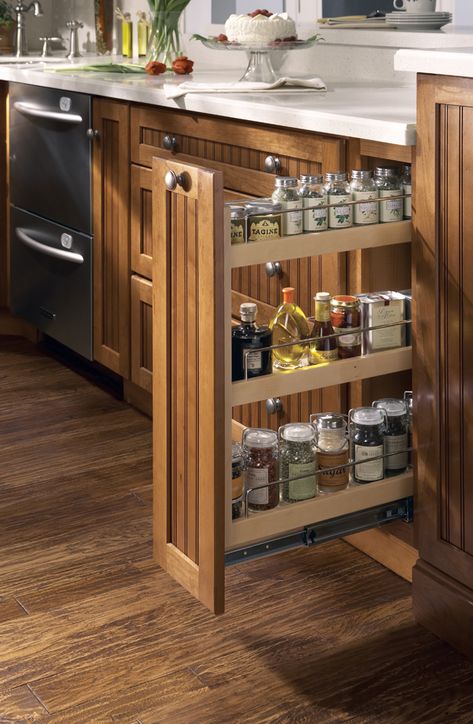 built in spice rack pull out cabinet adjusting shelves | This pull-out spice rack features three shelves on full-extension ... Dapur Ikea, Pull Out Spice Rack, Organiser Cucina, Kitchen Cabinet Accessories, Kabinet Dapur, Kitchen Cabinet Styles, Kitchen Cabinet Pulls, New Kitchen Cabinets, Kitchen Cabinets Makeover