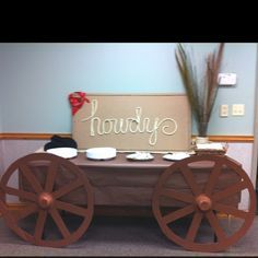 Western Theme VBS Crafts | western party make wagon wheels Diy Cowboy Birthday Decor, Western Theme Party Decorating Ideas Diy, Chuck Wagon Decorations, Diy Western Party Decor, Diy Cowboy Party Decorations, Diy Cowboy Decor, Diy Covered Wagon, Diy Western Party Decorations, Dinner Wagon