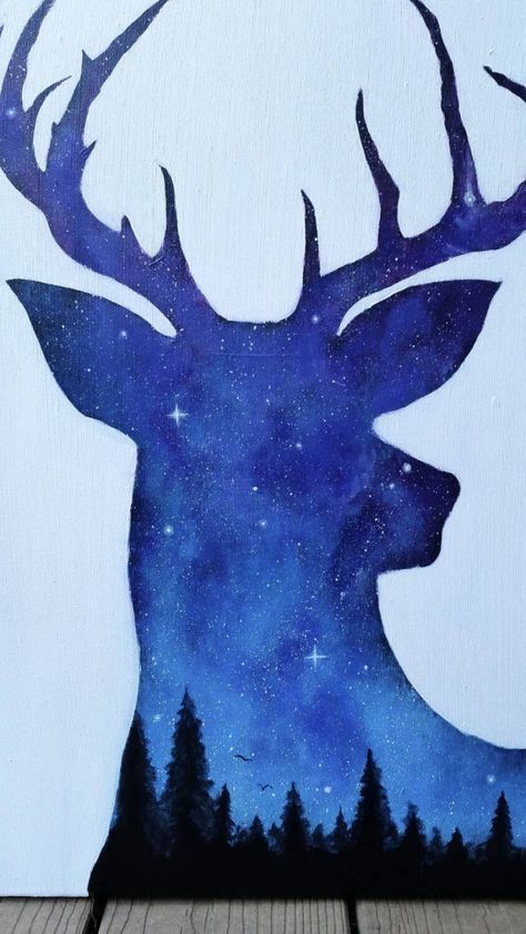 Night Sky Artwork, Art Galaxie, Canvas Painting Ideas For Beginners, Animal Paintings Acrylic, Deer Art Print, Art Spatial, Painting Ideas For Beginners, Night Sky Painting, Deer Painting