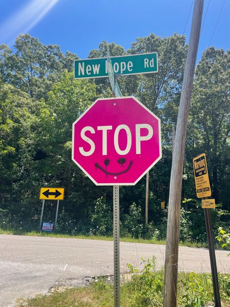 Stop Sign Painting Ideas Aesthetic, Hazard Sign Aesthetic, Sign Board Aesthetic, Keep Out Sign Aesthetic, Street Signs In Room, Stop Sign Aesthetic Room, Aesthetic Stop Sign, Pink Stop Sign, Stop Sign Aesthetic