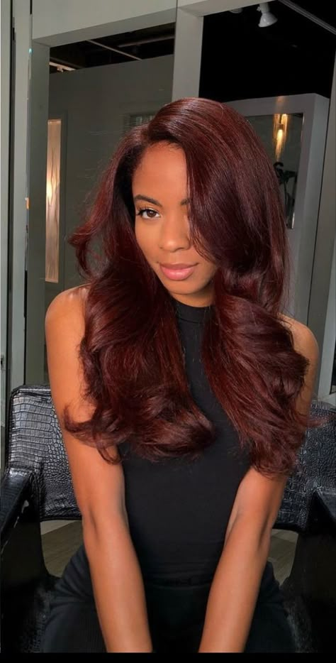 Red Dark Brown Hair Color, Dark Cherry Red Hair Black Women, Cherry Chocolate Hair Black Women, Cherry Cola Hair Black Women, Red Hair Color Brown Skin, Cherry Brown Hair Black Women, Maroon Business Casual, Mahogany Hair Color On Black Women, Cherry Red Hair Brown Skin