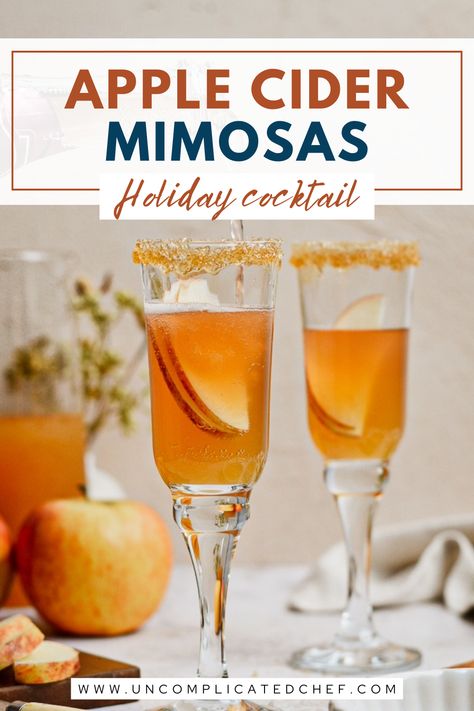 Two glasses of apple cider mimosas Apple Cider Mimosa Bar, Apple Cider Champagne Cocktail, Mimosa Shots, Thanksgiving Mimosa Recipes, Thanksgiving Mimosas, Festive Mimosas, Thanksgiving Mimosa, Apple Cider Dip, Fall Mimosa Bar