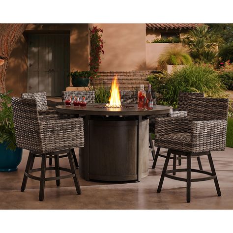 Member's Mark Halstead 7-Piece Balcony Fire Dining Set - Sam's Club Fire Pit Furniture Seating Areas Patio, Patio Dining And Seating Area, Outdoor Dining Table Round, Backyard Bars, Balcony Dining, Fire Pit Table Set, Balcony Chairs, Patio Sets, Concrete Texture