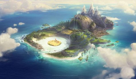 Piggy Island, Tuomas Korpi on ArtStation at https://www.artstation.com/artwork/zA6O4 Island Artwork, 동화 삽화, Fantasy Island, Fantasy City, Fantasy Places, Fantasy Setting, Fantasy Map, Landscape Scenery, Environment Design