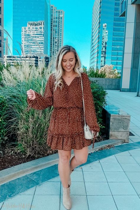 Cute Fall Dress Outfit Dress With Booties Outfit, Dress And Booties Outfit Fall, Cute Fall Dress, Booties Outfit Fall, Booties Outfit, Fall Booties, Brown Polka Dots, Fall Dress Outfit, Style 2023