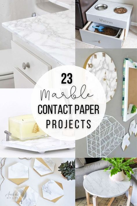 collage of contact paper project ideas with text overlay Marble Diy Decor, Marble Projects Diy Crafts, Marble Contact Paper Ideas, Diy Contact Paper Ideas, Contact Paper Makeup Vanity Top, Diy With Contact Paper, Contact Paper Ideas, Diy Marble Contact Paper, Bookshelves Design