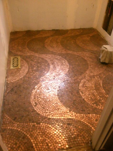 Our Irish Manor: Our Penny Floor Cheap Flooring Ideas, Penny Flooring, Penny Floor Designs, Penny Decor, Penny Tiles, Penny Mosaic, Penny Tile Floors, Penny Floor, Kitchen Floor Tiles Ideas