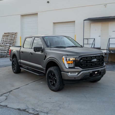 Custom 2024 Ford F-150 truck with blackout trim and a satin gray vinyl wrap. Fords 150, Ford Trucks F150, Vinyl Wrap, Car Wrap, Ford F 150, Ford Trucks, Driving Experience, Grey Fashion, Ford F150