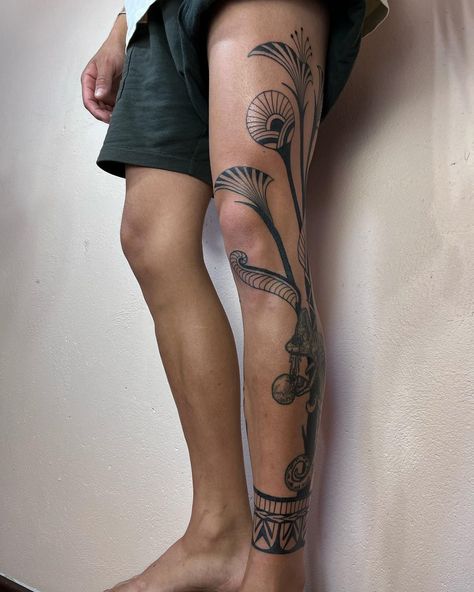 | ✖️Christopher✖️ Leg project for volcano Chris. All freehand. Two days in a row. Inspired by his adventures in Africa, with my aesthetic… | Instagram Abstract Leg Tattoo, Power Line Tattoo, Ornamental Leg Tattoo, Back Leg Tattoo, Volcano Tattoo, Ankle Band Tattoo, Leg Tats, Ornamental Tattoos, Back Of Leg Tattoos