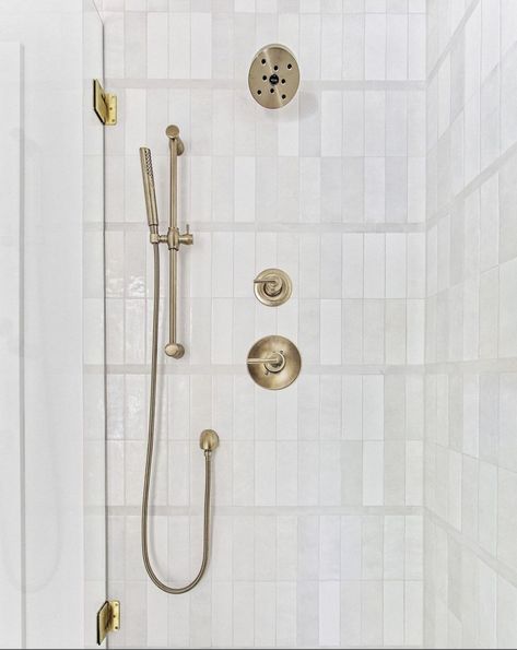 Great for bedroom 1 Glossy Subway Tile Bathroom, Bathrooms Renovations, Reno Bathroom, White Subway Tile Shower, Bedrosians Tile, Subway Tile Showers, Subway Tiles Bathroom, Dream Bath, Bathroom Redesign