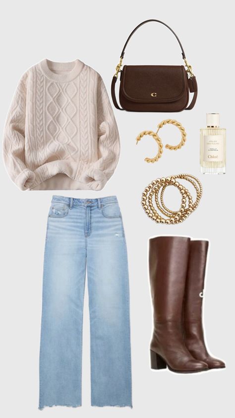 light wash jeans, chunky sweaty, tall brown boots and a matching brown purse perfect fall outfit for dinner, errands or fall festivities 🍂 Chunky Brown Boots Outfit, Brown Tall Boots Outfit, Light Brown Boots Outfit, Tall Brown Boots Outfit, Chunky Brown Boots, Outfit For Dinner, Tall Boots Outfit, Brown Tall Boots, Brown Boots Outfit