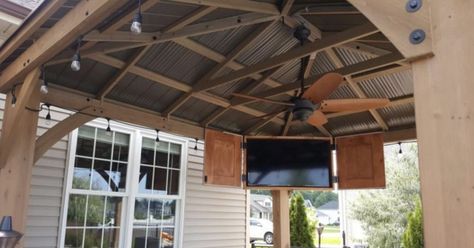 Check Out These 11 Outdoor TV Setups 🌴 📺 ☀️ - Yardistry Structures - Gazebos, Pavilions and Pergolas Outdoor Tv Area, Outdoor Tv Setup, Outdoor Tv Enclosure, Backyard Gazebo, Backyard Pavilion, Aluminum Roof, Outdoor Tv, Patio Gazebo, Fire Pit Backyard