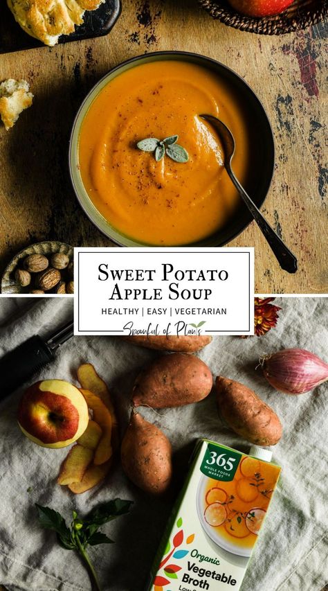 Sweet Potato Apple Soup | Spoonful of Plants | An easy and nourishing vegan soup recipe. This homemade soup has the natural sweetness of sweet potatoes and apples, combined with the savory goodness of shallots which are blended together into a naturally creamy soup perfect for cooler days ahead. Soup Recipe With Sweet Potatoes, Apple Cheddar Sweet Potato Soup, Sweet Potato Apple Bacon Soup, Potato Soup Paleo, Apple Curry Soup, Apple Sweet Potato Soup, Uses For Sweet Potatoes, Apples And Sweet Potato Recipes, Roasted Vegetables Soup Recipe