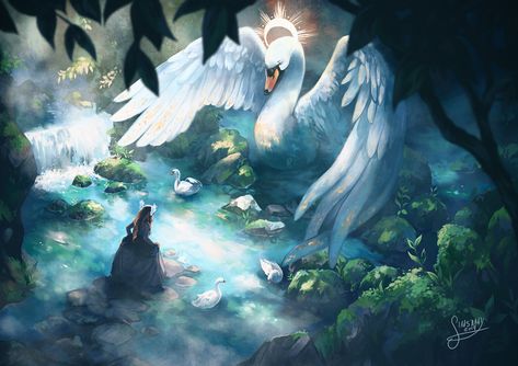 Meeting the Swan God, Simsamy / Art of Stephanie Kock on ArtStation at https://www.artstation.com/artwork/v1K2nO Swan Maiden Art, Swan Goddess, Swan Maiden, Prince Poster, Swan Dress, Swans Art, Beautiful Business Card, Dress Illustration, Goddess Of Love