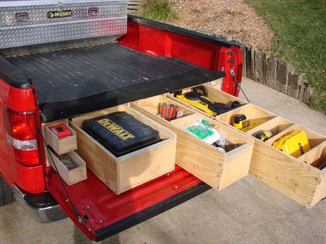 Homemade Truck Box - Vehicles - Contractor Talk Truck Tool Box Organization, Truck Organization Ideas, Service Truck Organization, Truck Organizer, Truck Bed Storage Drawers, Contractor Tools, Truck Bed Drawers, Diy Truck Bedding, Truck Bed Organization