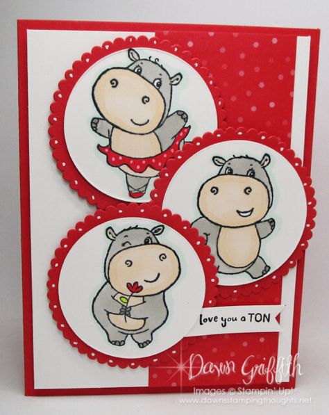 Happy Hippo Stampin Up Cards, Stampin Up Valentine Cards For Kids, Stampin Up Happiest Hippos, Animal Cards Handmade, Hippest Hippos Stampin Up Cards, Stampin Up Hippest Hippos, Dawn Griffith, Card Sketch, Valentine Cards Handmade