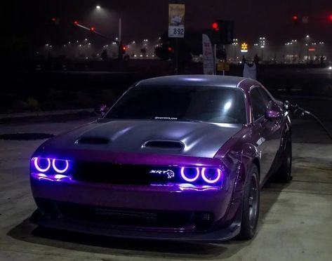 Dodge Challenger Black And Purple, Dodge Challenger Hellcat Custom, Purple Dodge Charger Hellcat, Black And Pink Dodge Challenger, Dodge Charger Hellcat Custom, Hellcat Pfp, Hellcat Aesthetic, Purple Hellcat, Purple Challenger