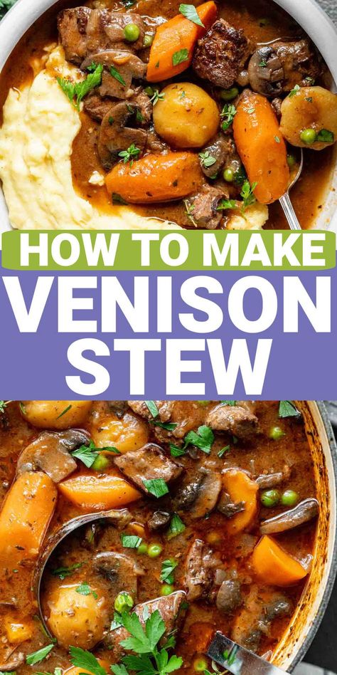 Slow-cooked venison stew with red wine, root veggies, and herbs for a tender, hearty dish. Perfect for a cozy meal. Total time: 4 hours 15 minutes. Braised Venison, Deer Stew, Venison Stew, Deer Recipes, Cold Weather Comfort Food, Deer Meat Recipes, Deer Meat, Root Veggies, Venison Recipes