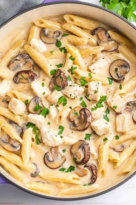 One Pot Pasta Mushroom, White Sauce Mushroom Pasta, Chicken And Mushroom Pasta Recipes, Chicken Mushroom Pasta Recipes, White Wine Pasta Recipes, Cream Chicken Pasta, Creamy Chicken And Mushroom Pasta, Pasta With Yogurt, Creamy Chicken Mushroom Pasta