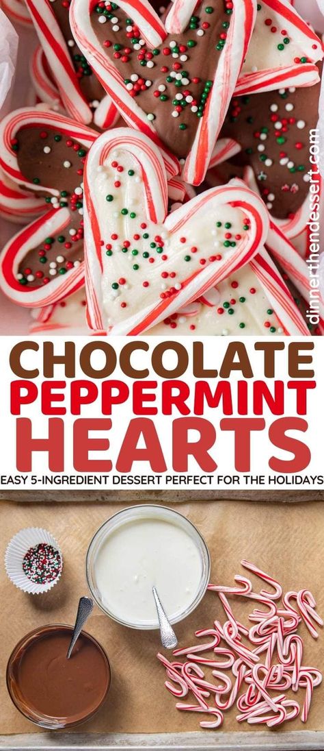 Chocolate Peppermint Hearts are a cute easy holiday treat made with mini candy canes and chocolate. #dessert #holiday #hearts #peppermint #chocolate #christmasgift #holidaygift #dinnerthendessert Mini Candy Cane Ideas, Candy Cane Dessert, Dessert Holiday, Christmas Food Crafts, Easy Holiday Treats, Simple Desserts, Candy Cane Crafts, Peppermint Chocolate, Easy Holiday Desserts