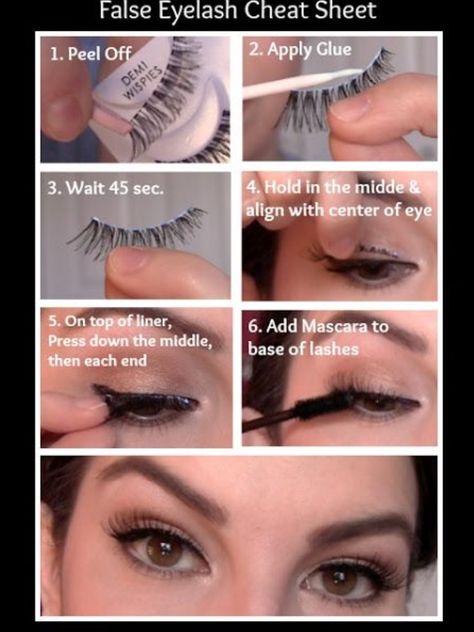 Good reminder on how to properly place & glue eyelashes! Makeup Charts, Applying False Lashes, Applying False Eyelashes, Makeup Tip, Beauty Make-up, Fake Lashes, Fake Eyelashes, Make Me Up, False Lashes