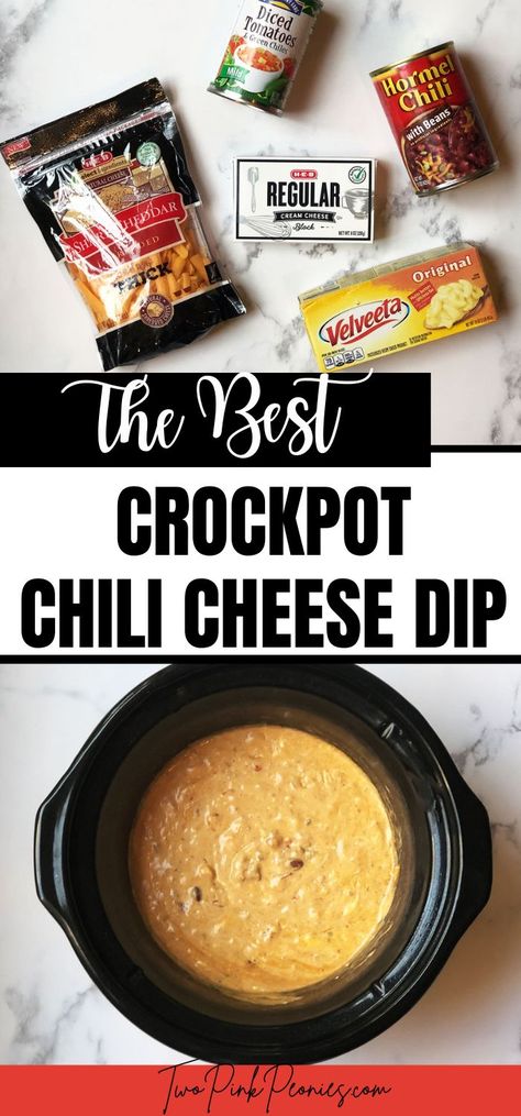 Image with text overlay that says the beset crockpot chili cheese dip. On top is an image of the ingredients and below is the dip prepared in a crockpot. Chip Dips Crockpot, Easy Slow Cooker Dips For A Party, Crockpot Taco Cheese Dip, Slow Cooker Chip Dip, Appetizer Recipes Easy Crockpot, Bean And Cheese Dip Crockpot, Mexican Crock Pot Dip, Easy Crockpot Recipes Dips, Quick And Easy Crockpot Dips