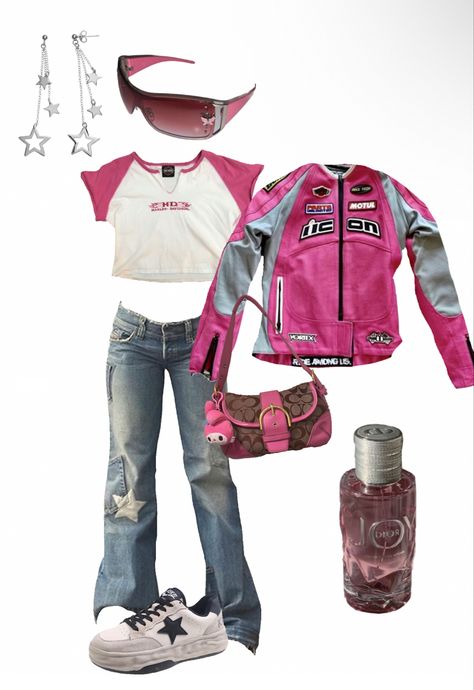 Pink Racing Outfit, Pink Racer Outfit, Race Car Aesthetic Outfits, Pink Racer Jacket, Race Car Jacket Outfit, Race Jacket Outfit, Racing Jacket Women, Racer Jacket Outfit Women, Pink Leather Jacket Outfit