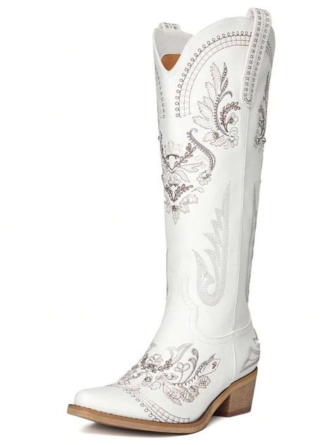 White Wide Calf Embroidered Cowboy Boots,Western Cowgirl Boots,Vintage Western Country Boots,Glitter Studded Tall Boots,Tall Low Heel Boots | SHEIN JAPAN Dark Brown Cowboy Boots, Embroidered Cowboy Boots, Brown Cowboy Boots, Boots Tall, Low Heel Boots, Country Boots, Boots Vintage, Boots Western, Western Cowgirls