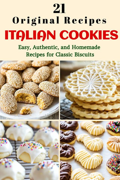 This image features a variety of traditional Italian cookies, perfect for festive occasions or celebrations. The text highlights "21 Original Recipes Italian Cookies" and emphasizes easy, authentic, homemade recipes for classic biscuits. The cookies include sesame-coated, pizzelle, and icing-topped varieties. Italian Wafer Cookies, Italian Anisette Cookies Recipe, Italian Layer Cookies, Italian Cookie Recipes Italy, Wedding Cakes Cookies, Stamped Christmas Cookies Recipe, Italian Jelly Cookies, Italian Pizzelle Cookies, European Holiday Cookies