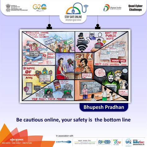 #Painting_of_the_day🖌️🎨 Artist👩‍🎨- Bhupesh Pradhan #staysafeonline #cybersecurity #g20india #g20dewg #g20summit #g20org #mygovindia #besafe #staysafe #ssoindia #meity #Quad #Quad2023 #QuadCyberCampaign #QuadCyberChallenge #sundayfunday #sundays #happysunday For more content visit our website or click the link in the bio - https://www.staysafeonline.in/ Free Daily Planner, Womens Safety, Safety Posters, Staying Safe Online, Poster Drawing, Online Safety, Art Competitions, Beautiful Posters, Public Service