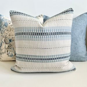 Blue And Cream Living Room, Light Blue Cushions, Light Blue Throw Pillows, Cream Living Rooms, Navy Pillows, Striped Upholstery Fabric, Blue Couches, Striped Upholstery, Paradise Beach