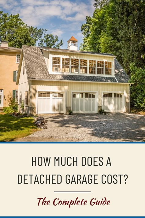 A 3-car detached garage with a second floor. Garage Bump Out Addition Storage, Detached 2 Story Garages, Cottage Style Detached Garage, Adding A Detached Garage, Cottage Garage With Loft, Detached Garages With Breezeways, Cape Cod Detached Garage, Two Car Garage With Carport, Breezeway Attached To Garage